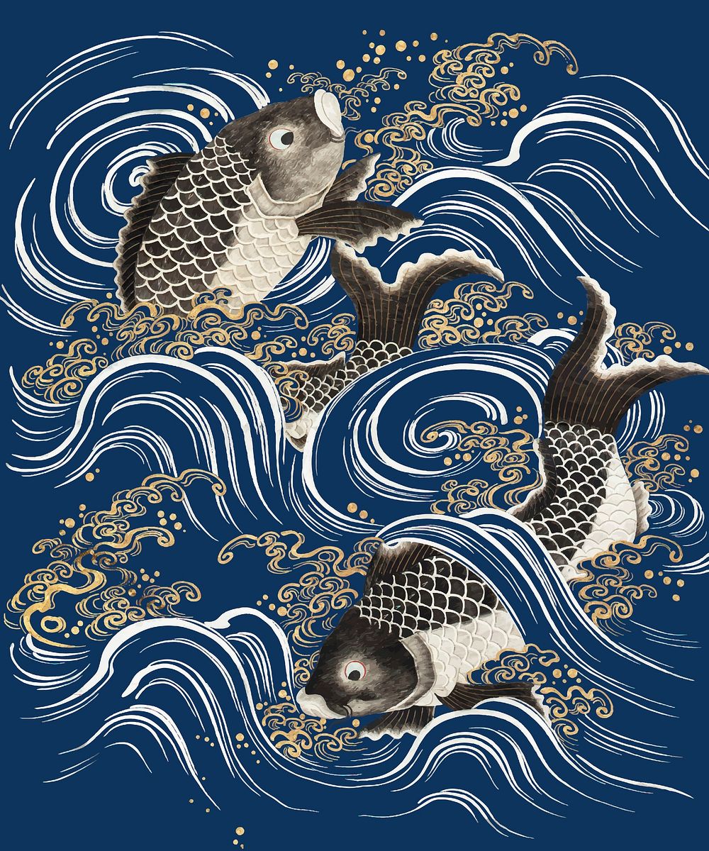 Carp fish in waves vector blue background, featuring public domain artworks