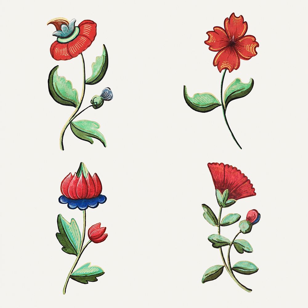 Vintage red flower illustration set, featuring public domain artworks