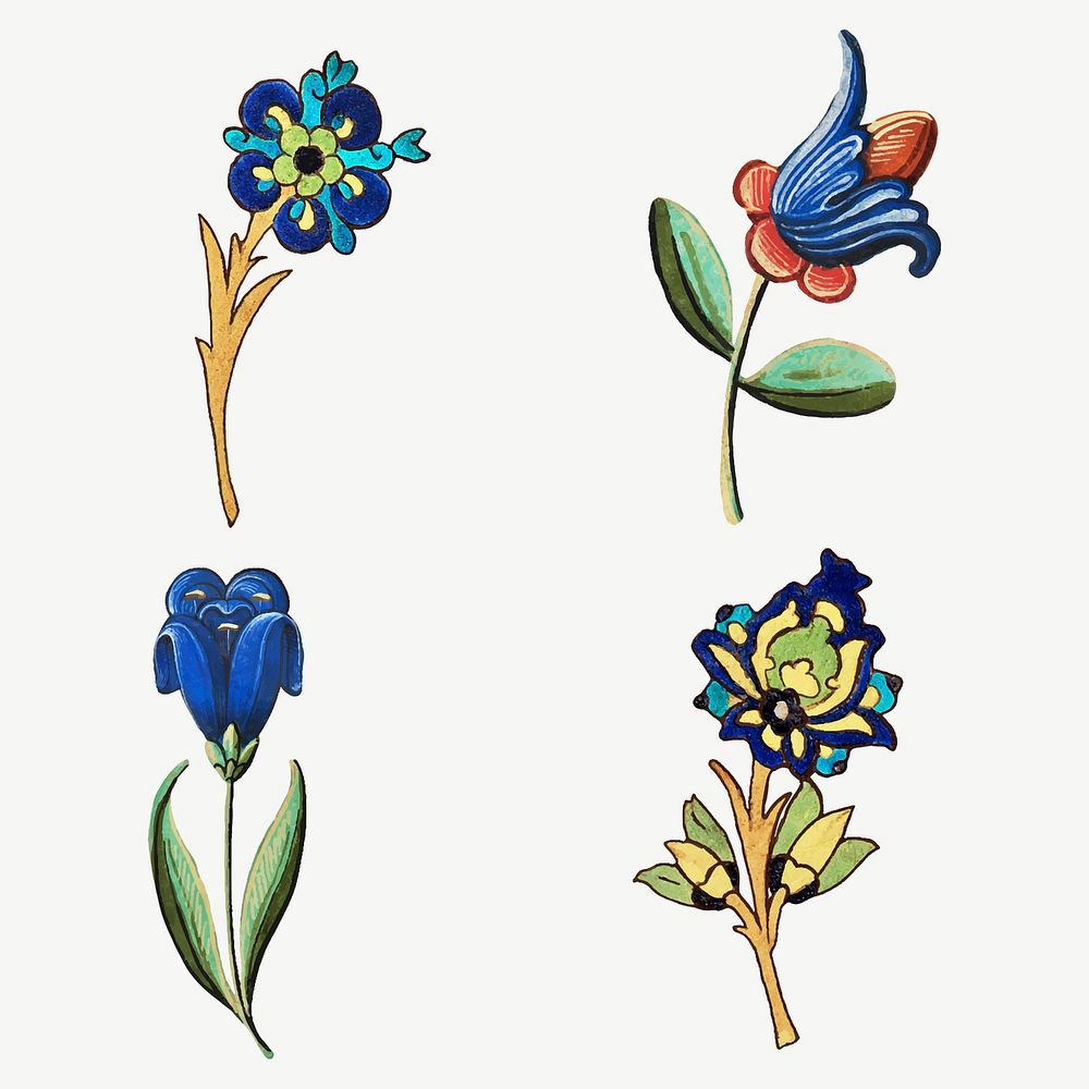 Vintage blue flower illustration vector set, featuring public domain artworks