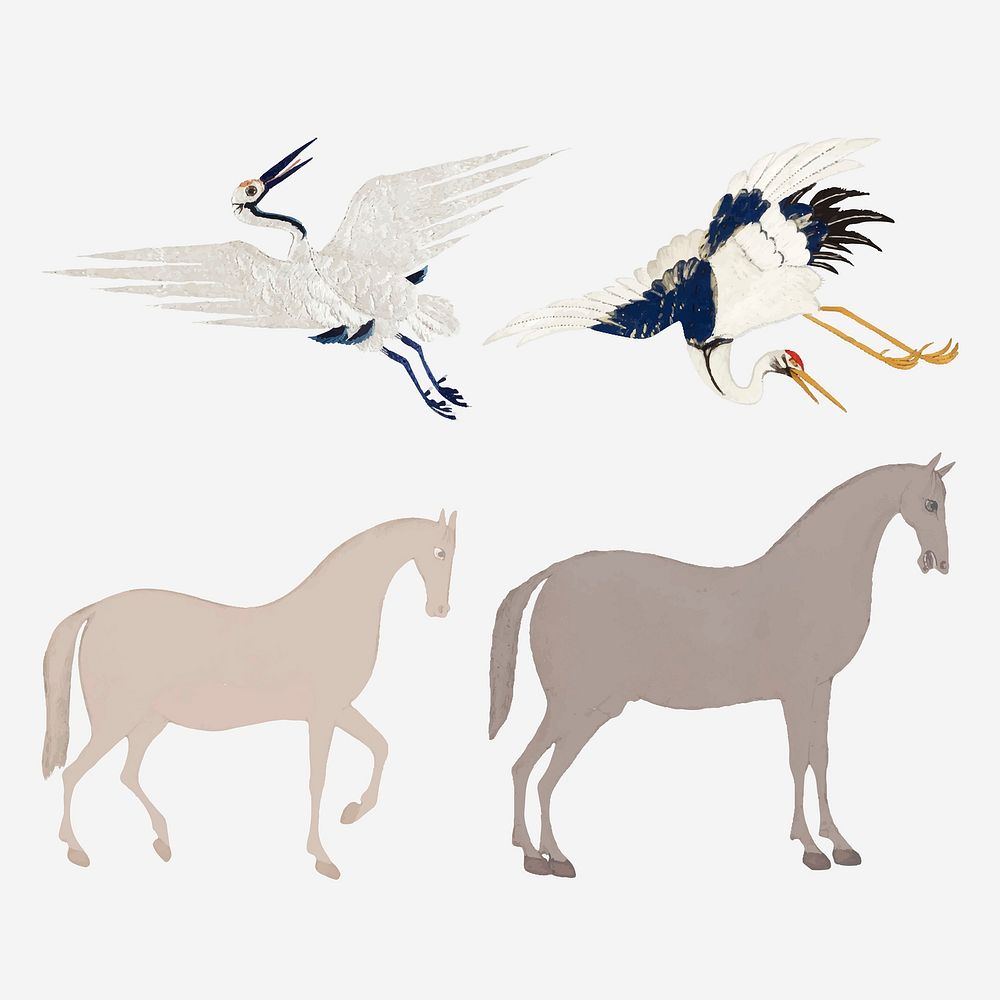 Vintage bird embroidery and horse illustration vector set, featuring public domain artworks