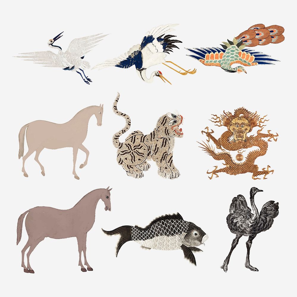 Vintage animal embroidery vector set, featuring public domain artworks