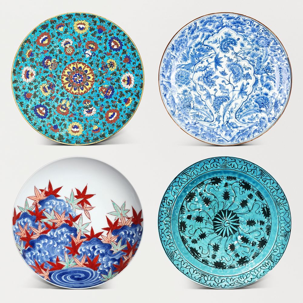 Vintage floral ceramic plate set, featuring public domain artworks