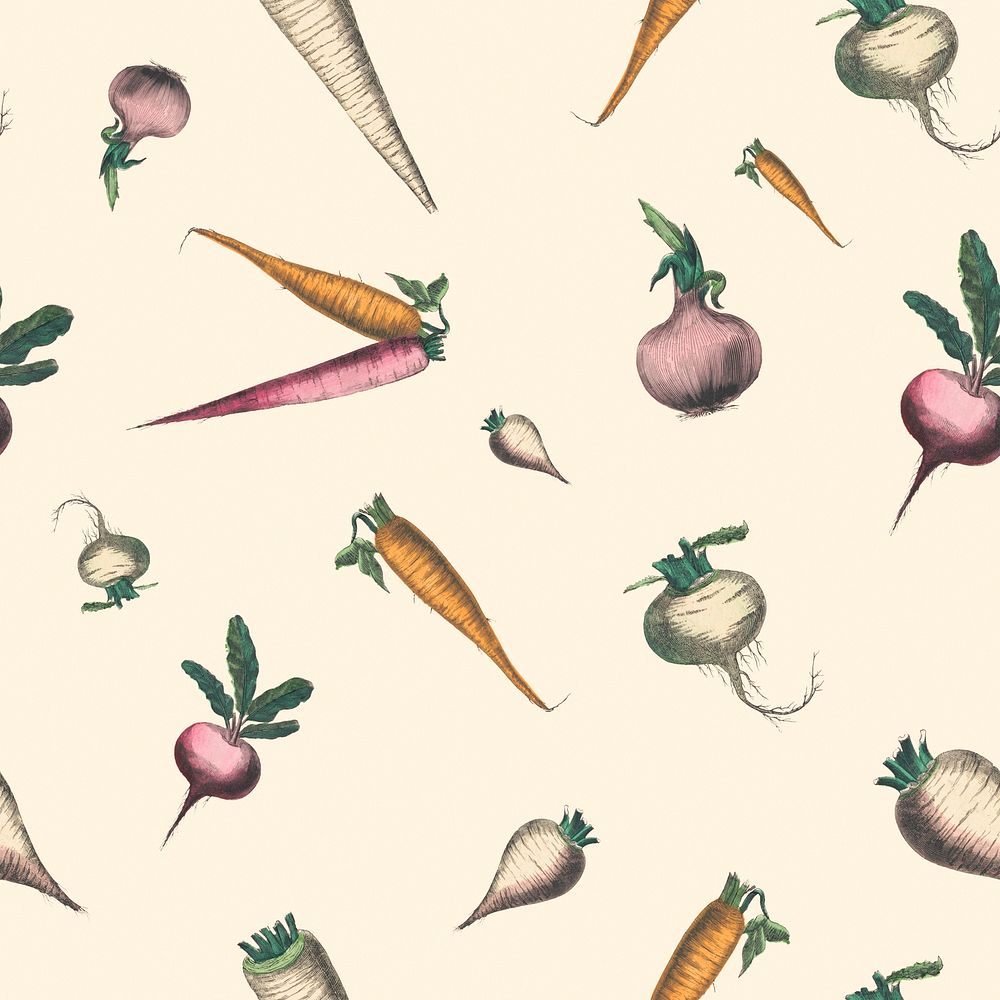 Vegetable seamless pattern background root and tuber crops art print, remix from artworks by by Marcius Willson and N.A.…