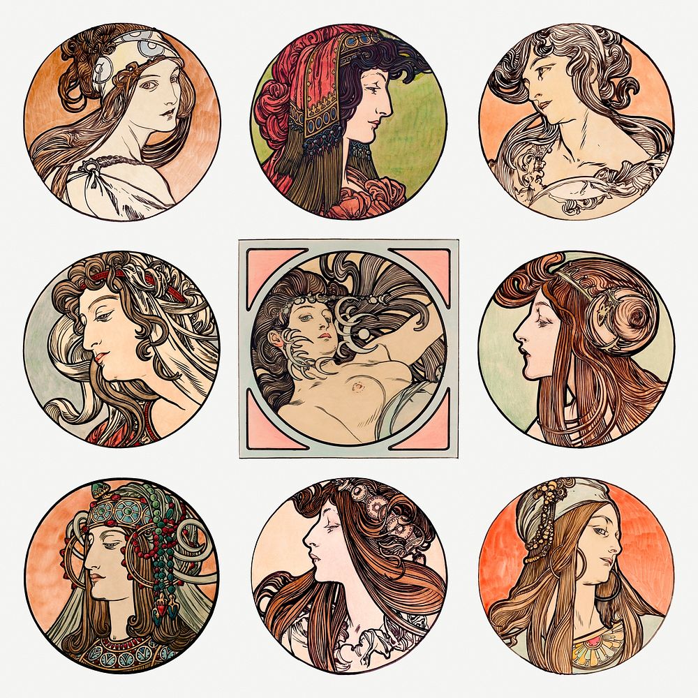 Art nouveau lady illustration set, remixed from the artworks of Alphonse Maria Mucha