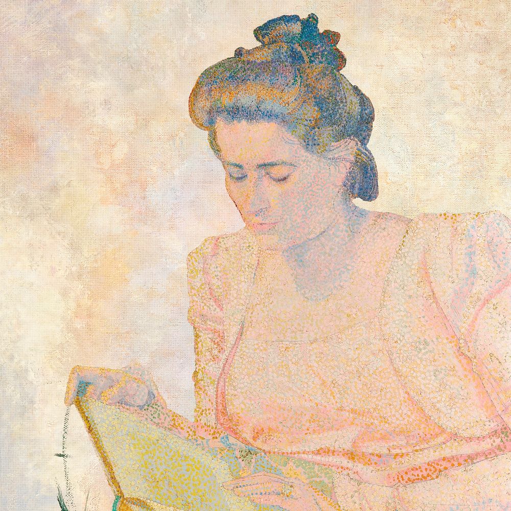 Retro woman reading book, remixed from the artworks of Jan Toorop.