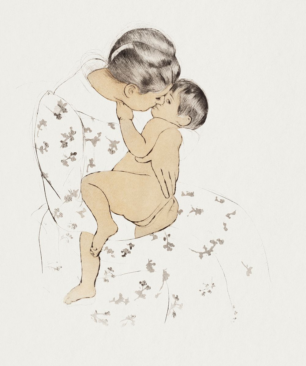 Vintage hand drawn mother kissing her child illustration, remixed from the artworks of Mary Cassatt.