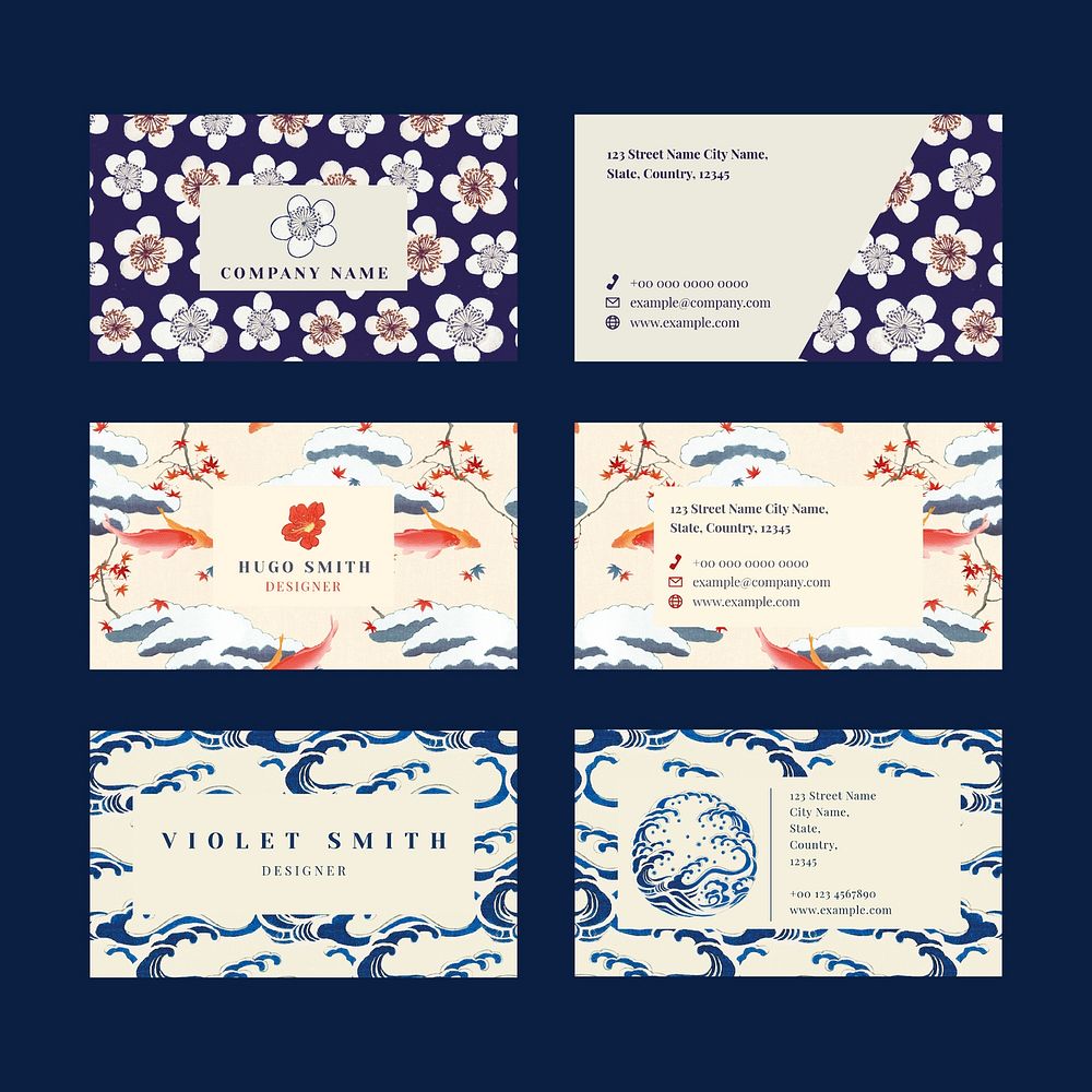 Japanese pattern business card vector editable template, remix of artwork by Watanabe Seitei
