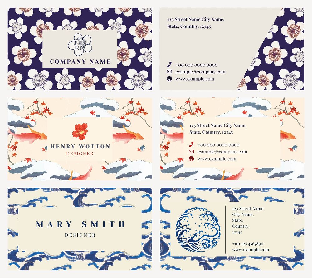 Business card template vector set Japanese pattern, remix of artwork by Watanabe Seitei