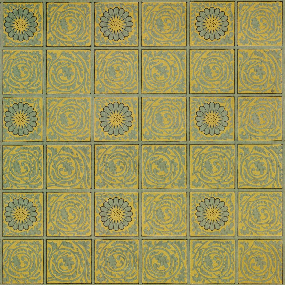 William Morris's vintage squared yellow flower pattern illustration, remix from the original artwork