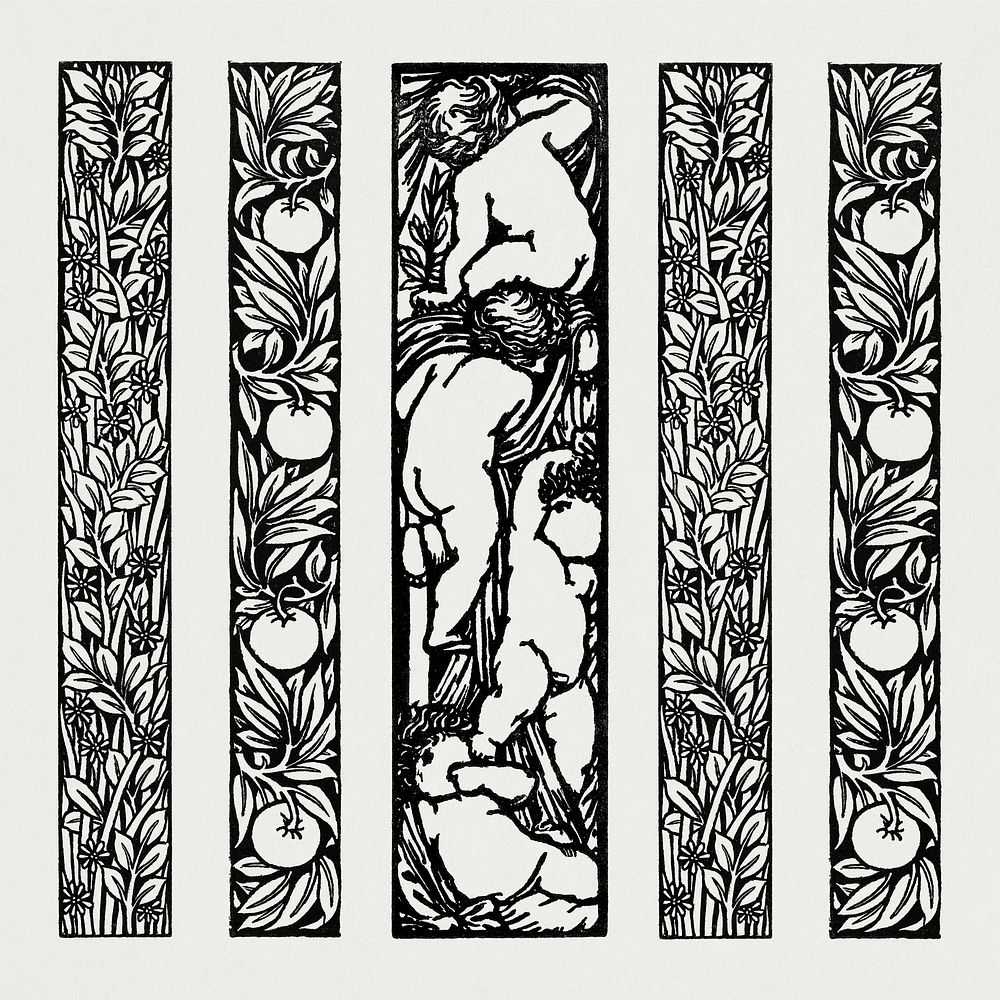 William Morris's vintage black and white foliage ornament illustration, remix from the original artwork