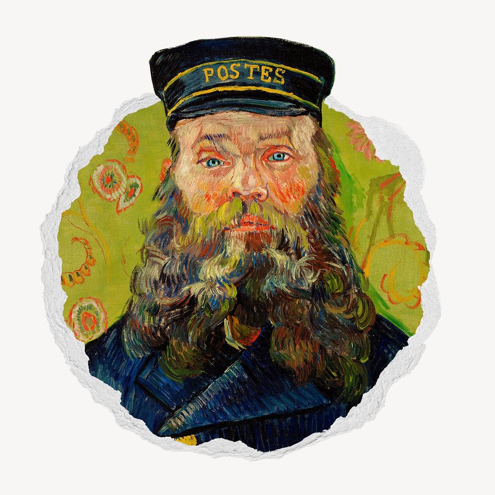 The Postman (Joseph Roulin) ripped paper badge, painting by Vincent Van Gogh remixed by rawpixel