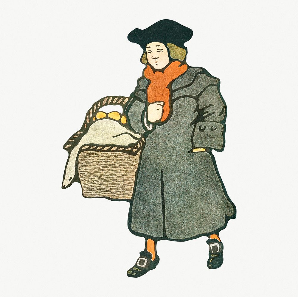 Man carrying a wicker basket illustration