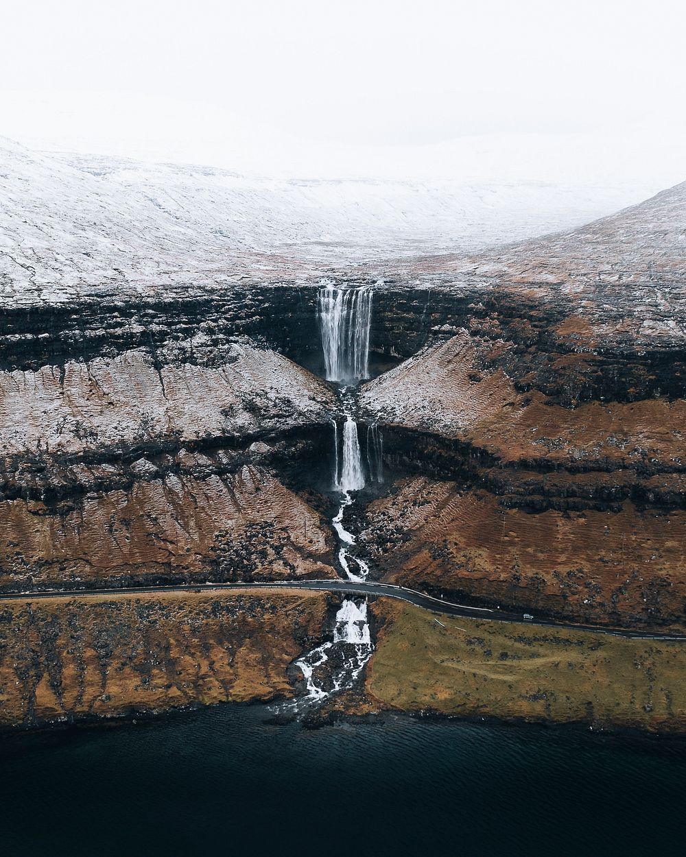 Drone shot of highland waterfall in Faroe Islands