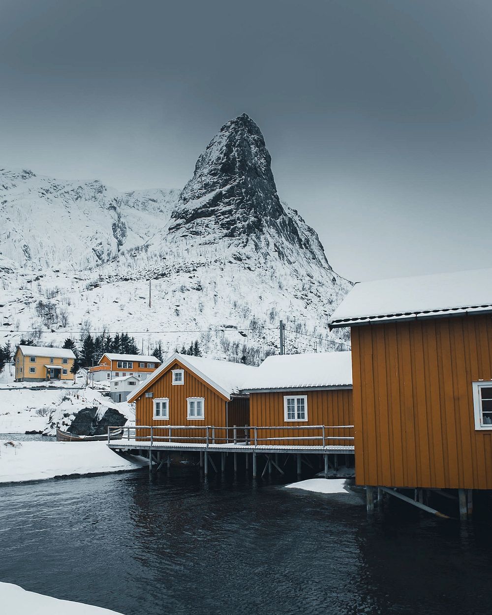 Yellow wooden cabins at Lofoten, Norway