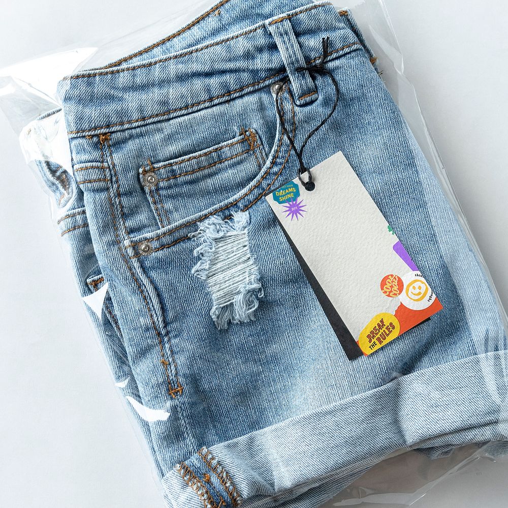 Retro clothing label on denim shorts with design space