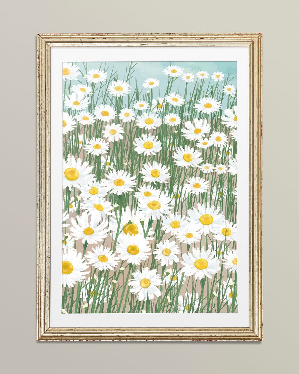 Daisy flower illustration, gold frame