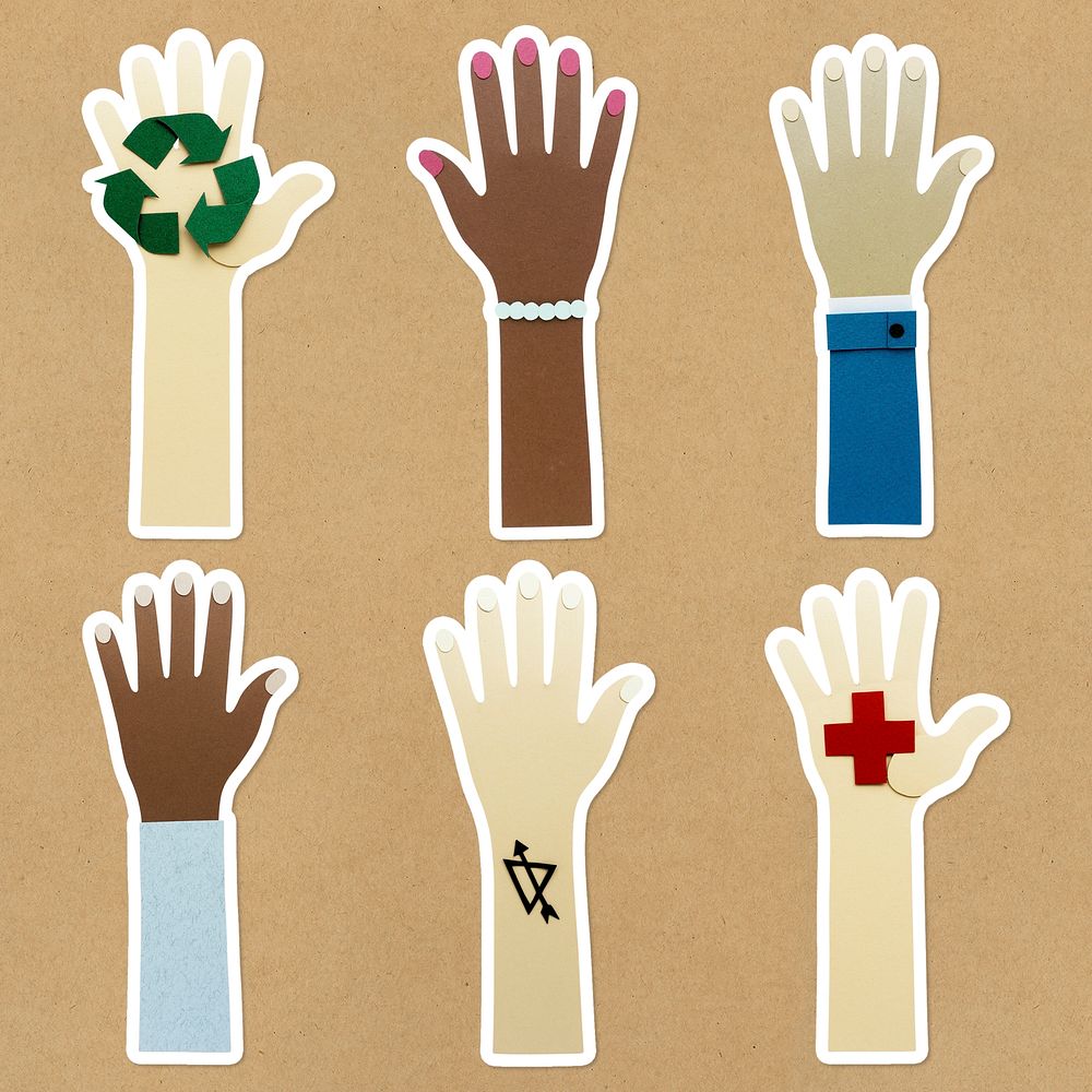Paper craft hands of diversity and symbols design element set