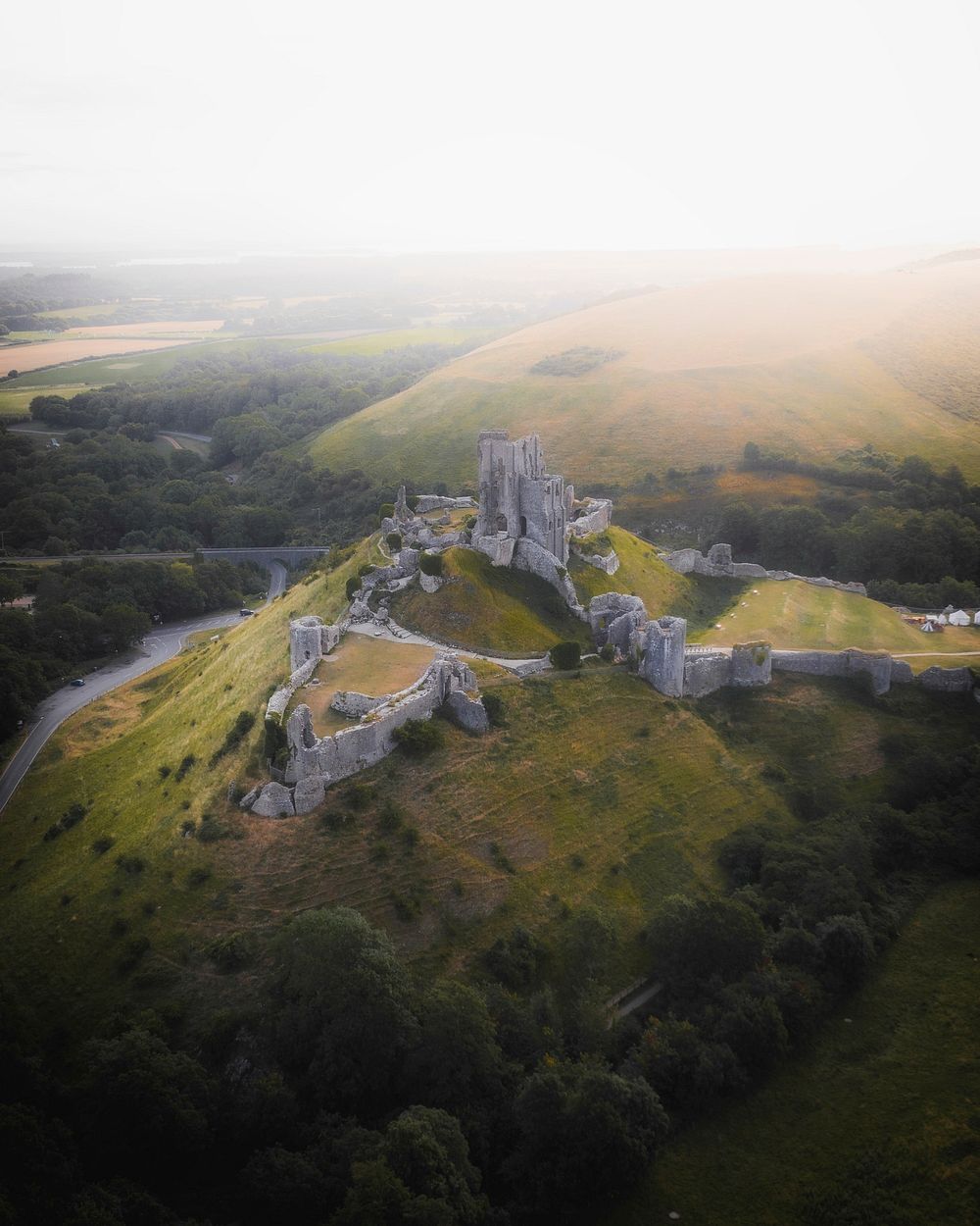 Corfe Castel in Dorset, England drone view