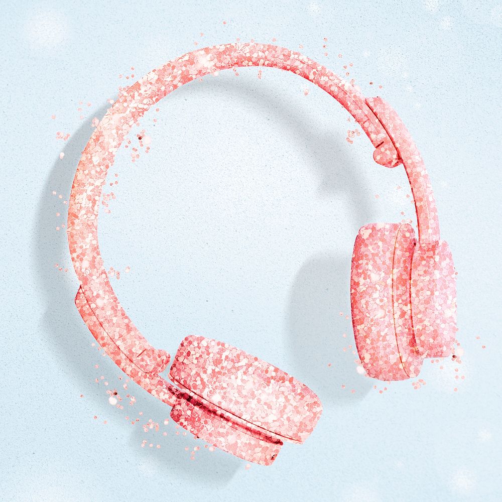 Glittery pink wireless headphone mockup on a blue background