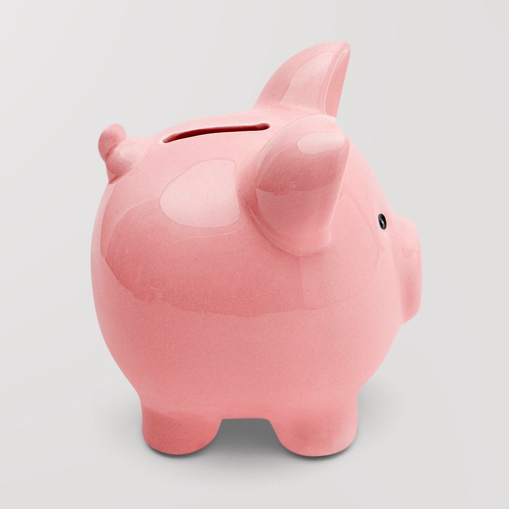 Pink piggy bank sticker mockup on a gray background