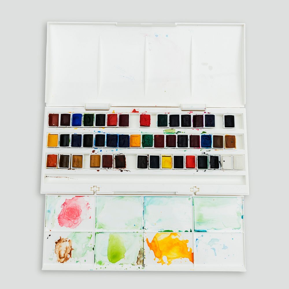 Various watercolors in a palette