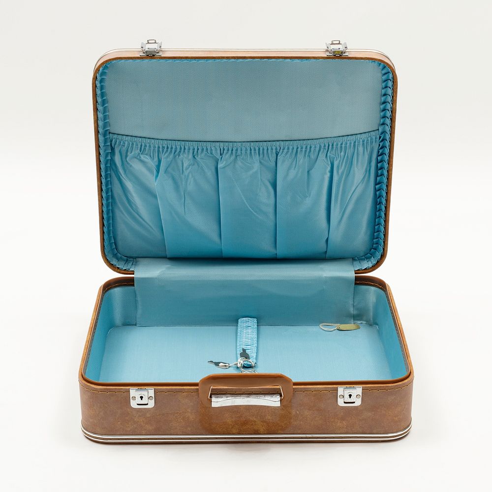 Unlock vintage brown leather briefcase on white background