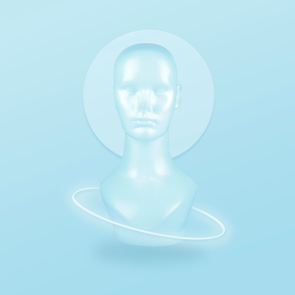Abstract dummy head with a white neon ring on a blue background