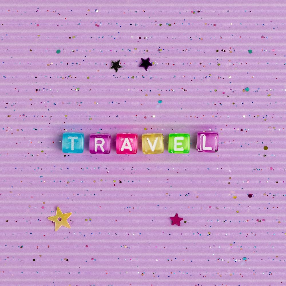 TRAVEL beads text typography on purple