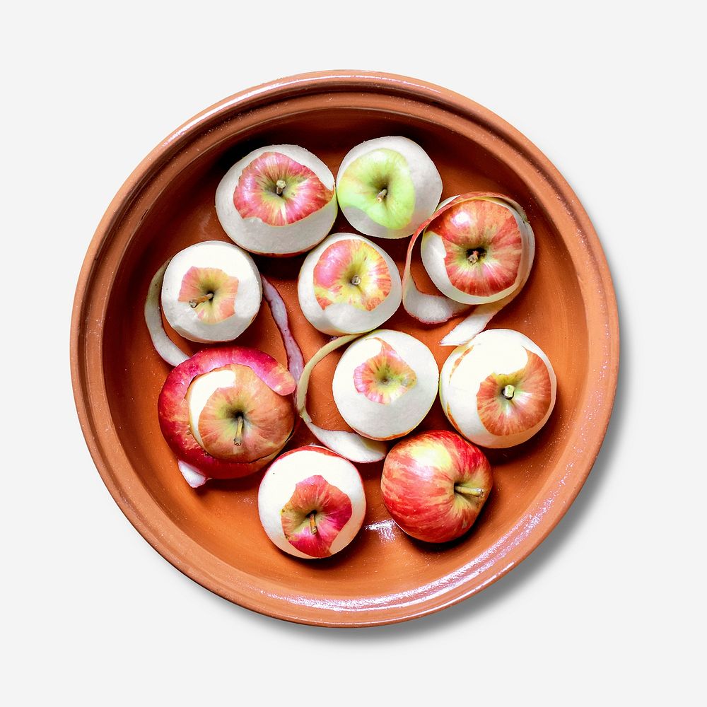 Peeled apples in bowl flat lay