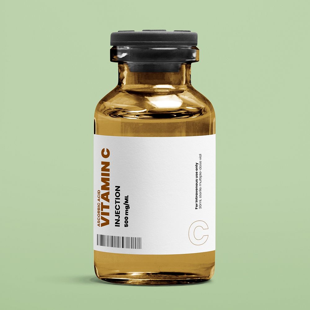 Amber injection bottle label mockup for vitamin C psd