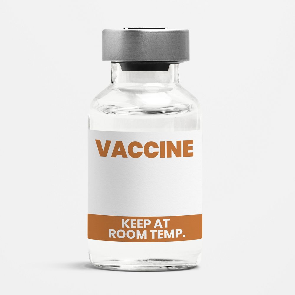 Vaccine injection bottle label mockup with keep at room temp storage condition psd