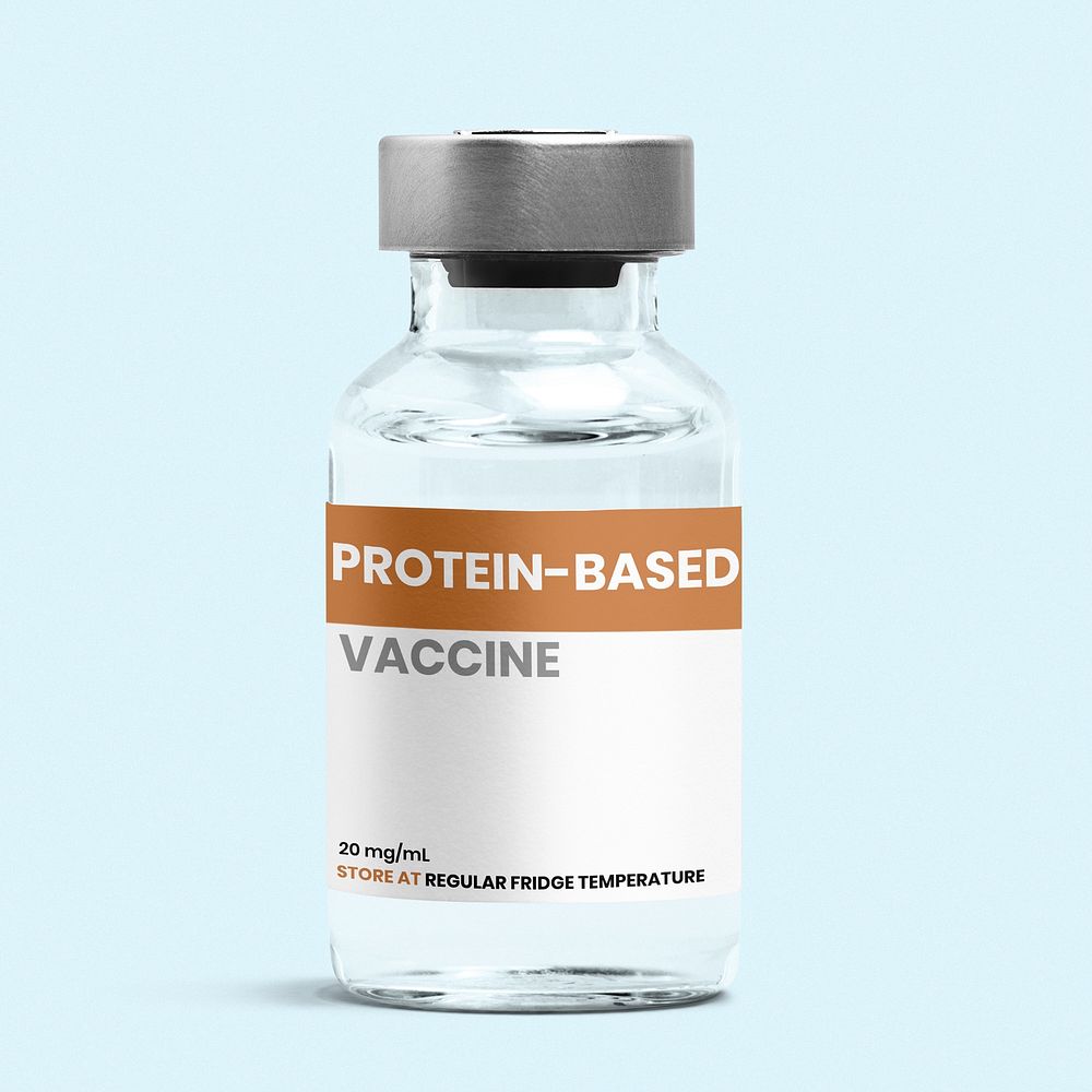 Injection glass vial label mockup psd for  protein-based subunit vaccine