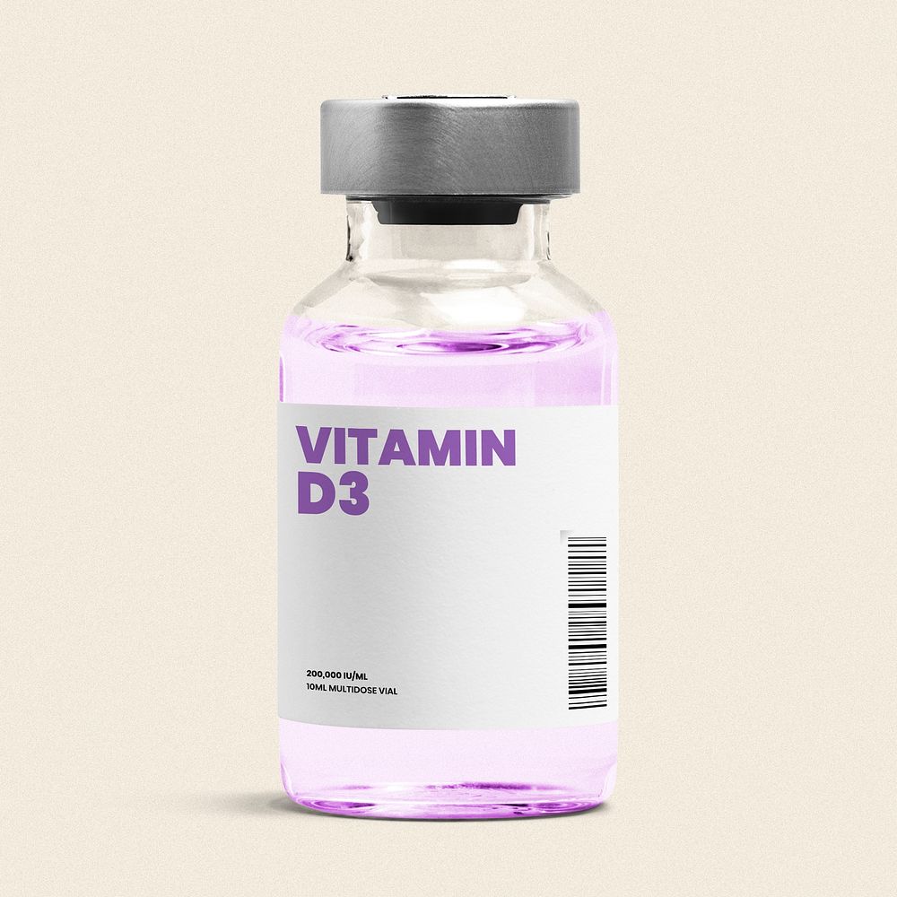 Vitamin D3 injection vial label mockup glass bottle psd with purple liquid