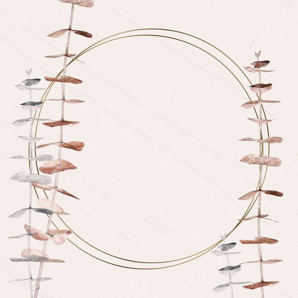 Silver and gold eucalyptus branch with round frame template illustration