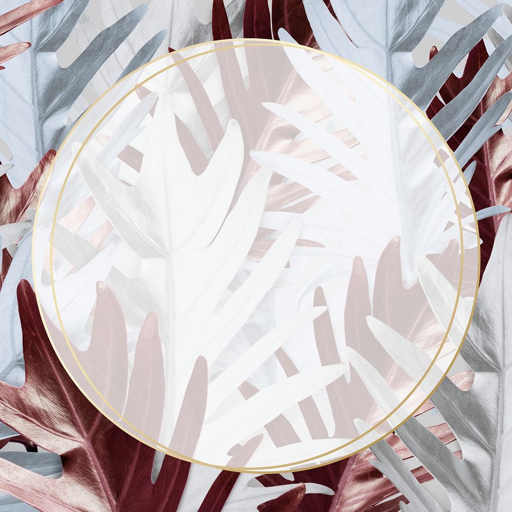 Round frame on metallic leaves patterned background illustration