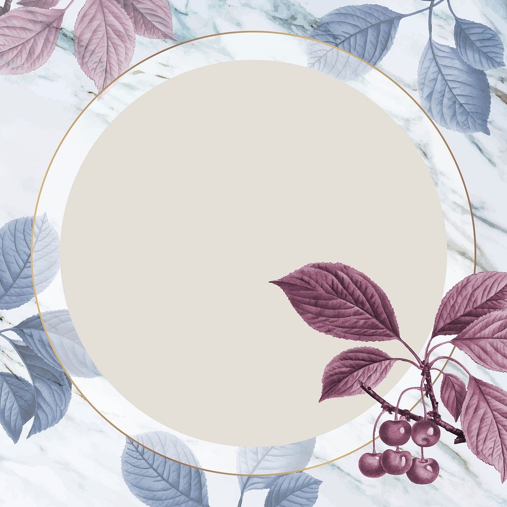 Hand drawn cherry pattern with round  gold frame vector