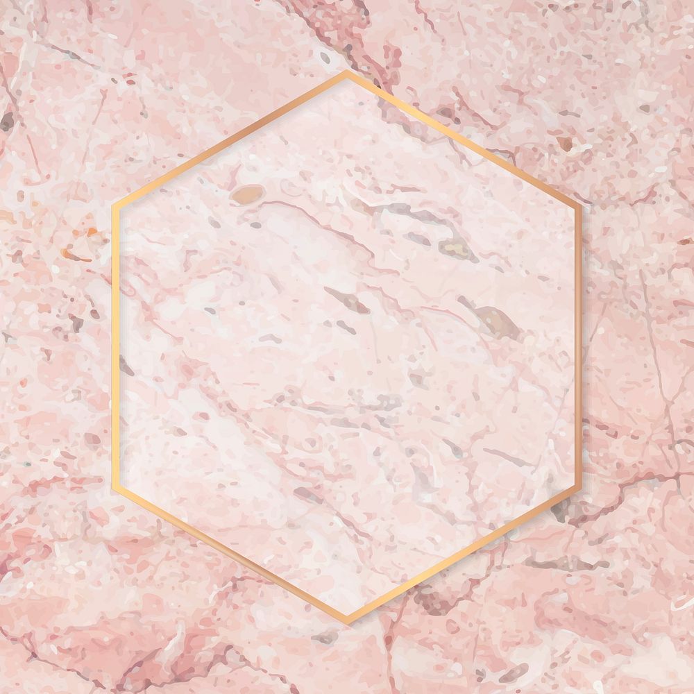 Hexagon gold frame on pink marble background vector