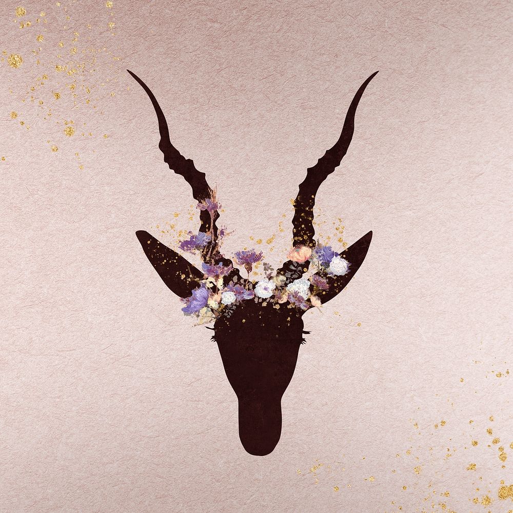 Antelope head decorated with flowers silhouette painting background illustration