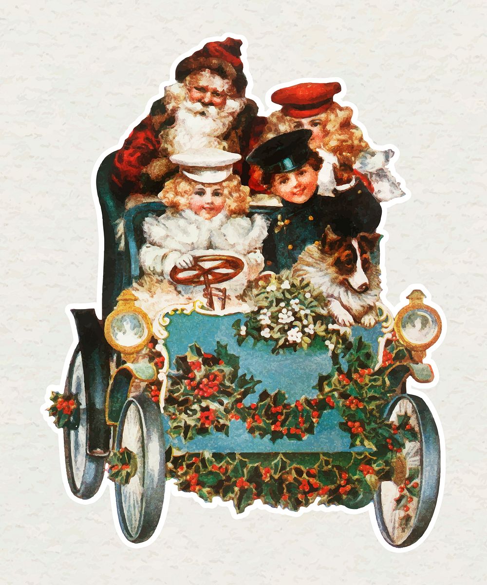 Santa Claus on a car with children sticker vector