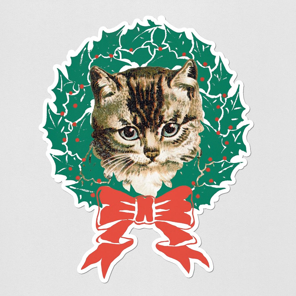 Cat in a Christmas wreath sticker illustration