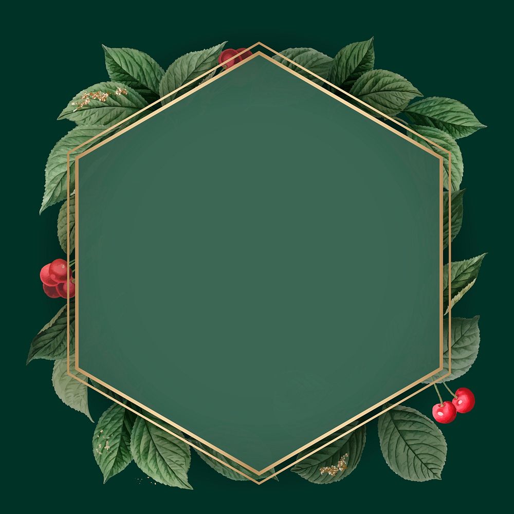 Cherry leave with hexagon gold frame on green background vector