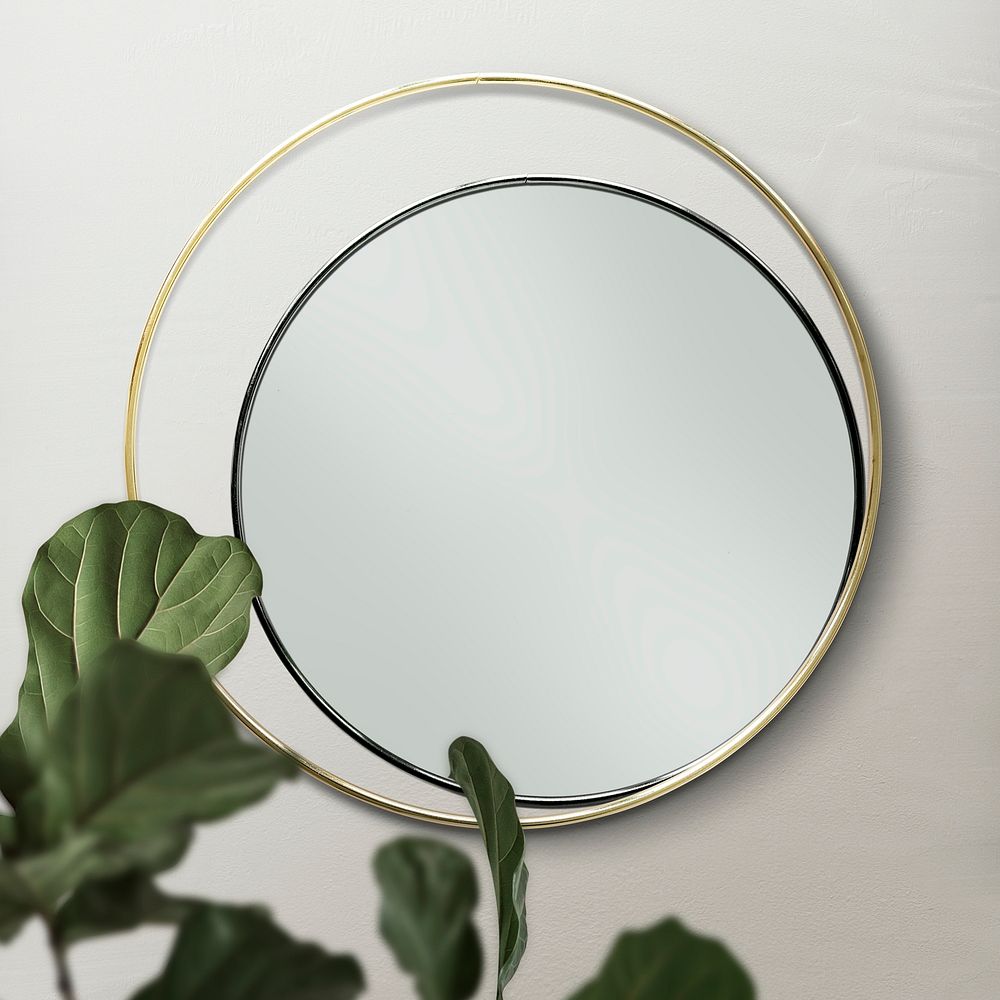 Double mirror on a beige wall with fiddle-leaf fig leaves