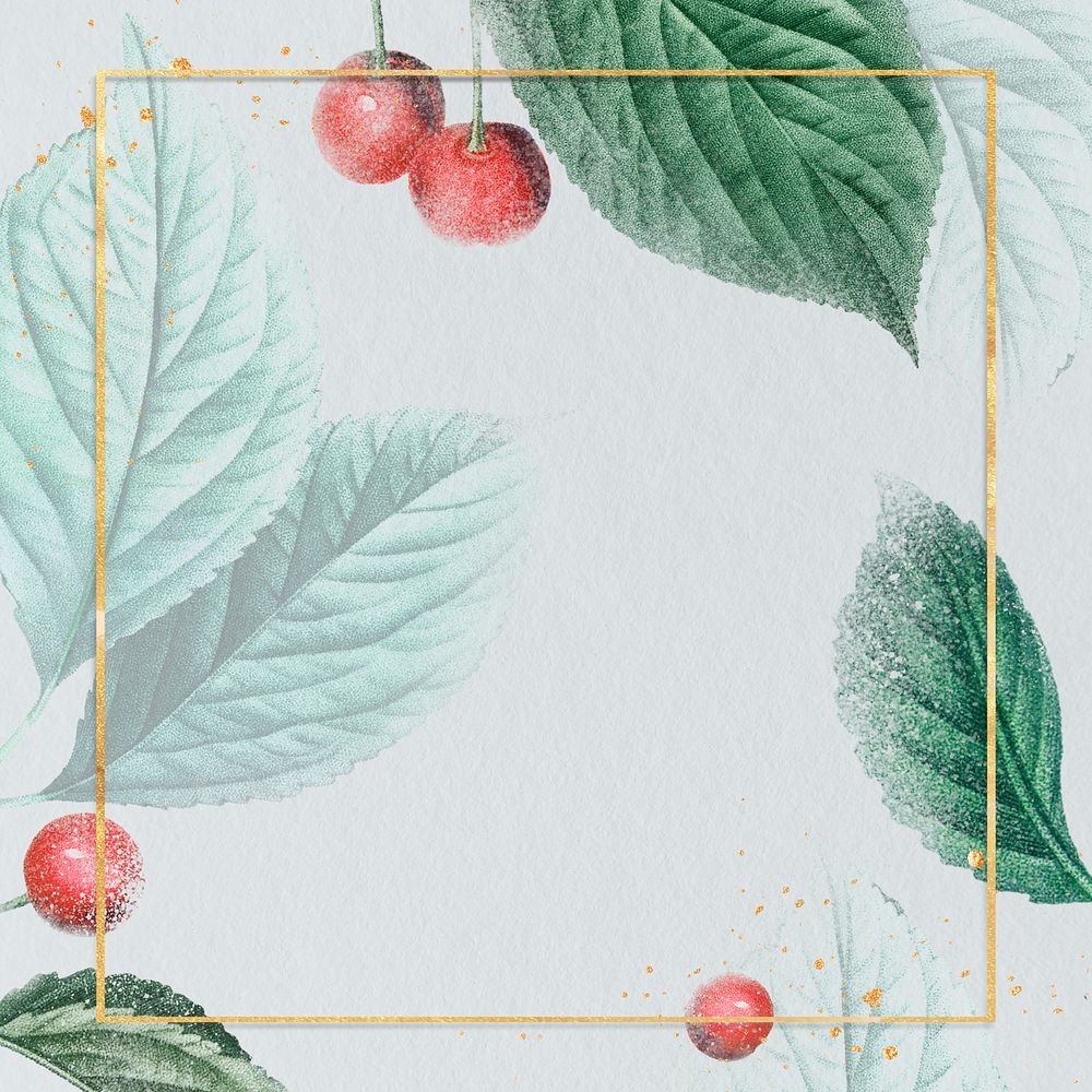 Metallic frame with cherry leaves patterned social template vector