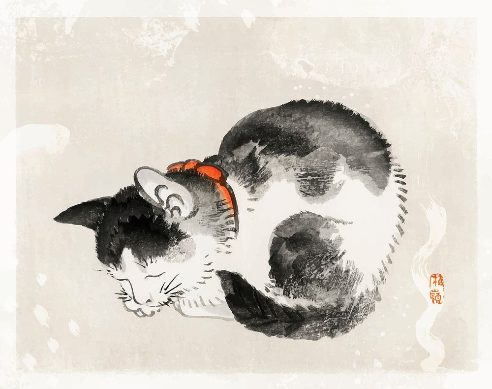 Sleeping cat vintage illustration vector, remix from original artwork by Bairei Gakan.
