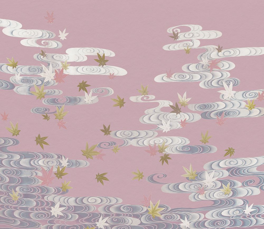 Maple leaves in Tatsuta river vintage illustration, remix from original artwork.