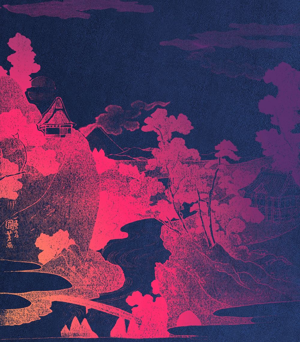 Valley in Mount Fuji vintage illustration, remix from original painting by Utagawa Kuniyoshi.