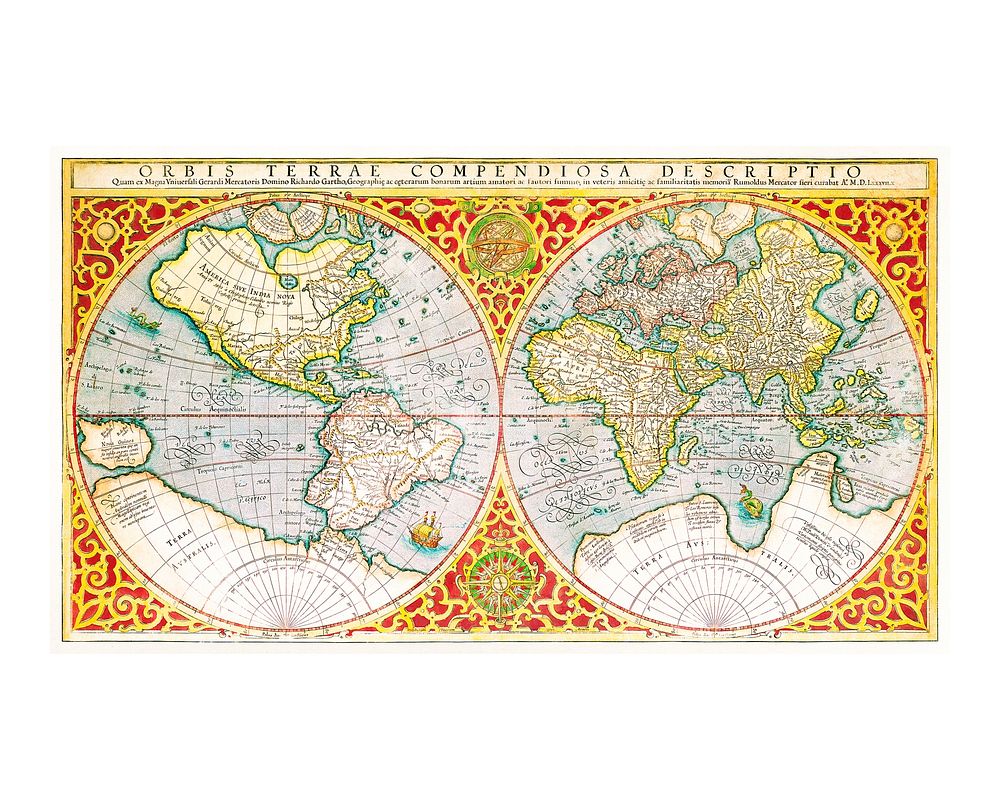Vintage world map illustration wall art print and poster design remix from the original artwork.