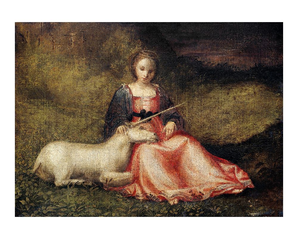 Woman with Unicorn vintage painting. Digitally enhanced by rawpixel.