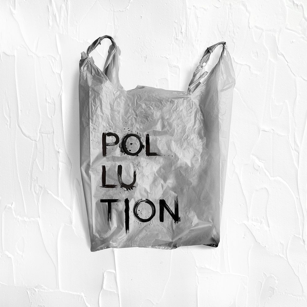 Pollution word written on a gray plastic bag mockup