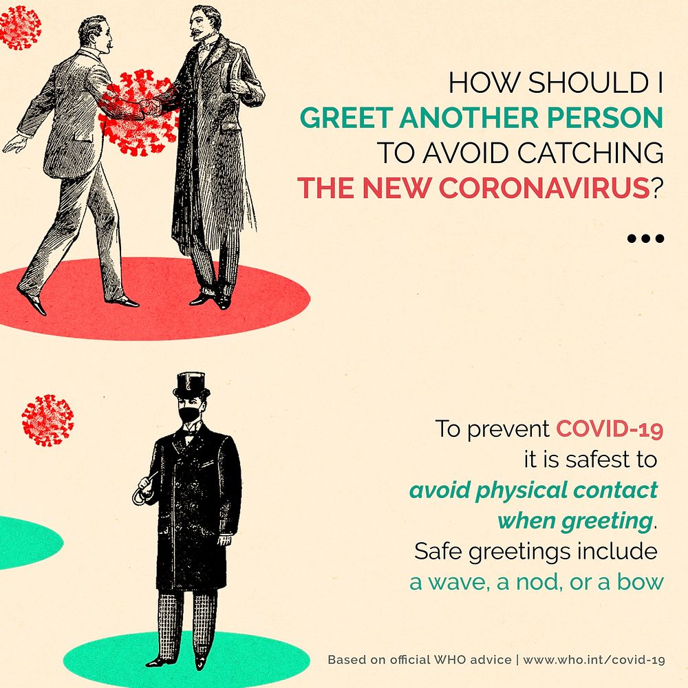 Advice on phyiscal greeting by WHO and vintage illustration vector social ad